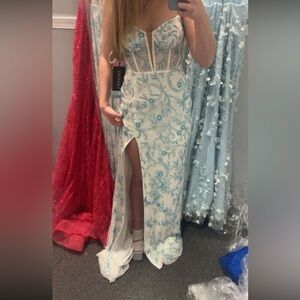 Elegant White and Blue Embroidered Prom Dress